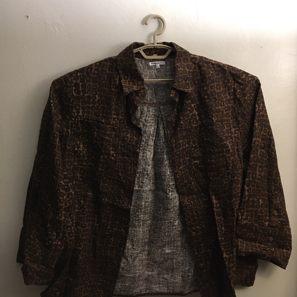 Women’s Reformation Button Front “Animal” Print Long Sleeve Shirt Brown